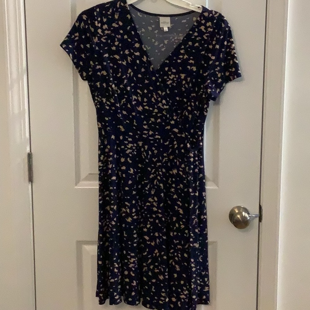 Navy Faux wrap top dress with Cream Abstract Print Medium size